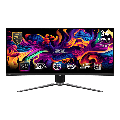 MSI MPG 341CQPX QD-OLED, 34" Curved Gaming Monitor 1800R 3440 x 1440 (UWQHD), 240Hz / 0.03ms (GTG), Adaptive-Sync, HDMI 2 (v2.1), DP 1.4a, USB Type-C, Height adjustable