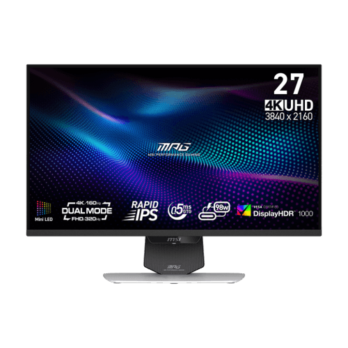 MSI 27" 3840 x 2160 (UHD) Dual Mode 160Hz UHD / 320Hz FHD 0.5ms (GTG) Rapid IPS with Mini-LED White Gaming Monitor Tilt and Height adjustable (MPG 274URDFW E16M)