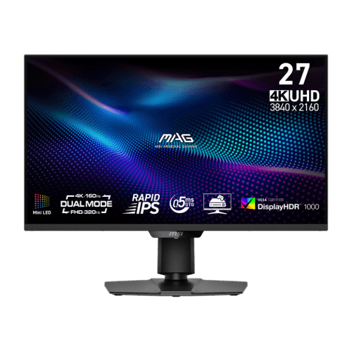 MSI 27" 3840 x 2160 (UHD) Dual Mode 160Hz UHD / 320Hz FHD 0.5ms (GTG) Rapid IPS with Mini-LED Gaming Monitor Tilt and Height adjustable (MAG 274UPDF E16M)